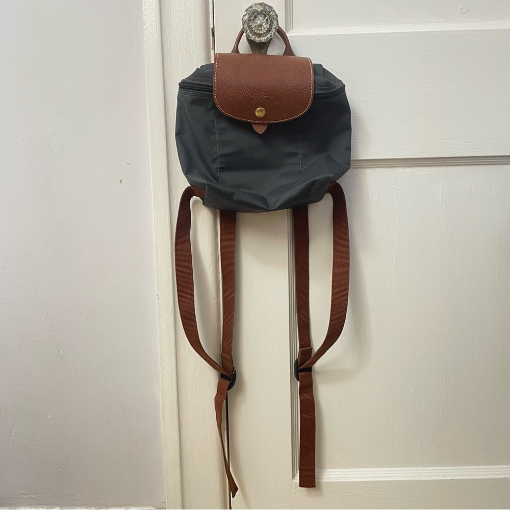 Longchamp Small Backpack in Black with Brown Trim